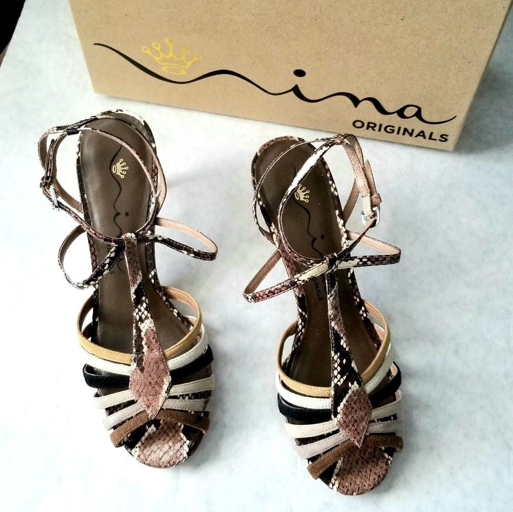 Nina snakeskin leather ankle strappy heels Neutral Sling Back